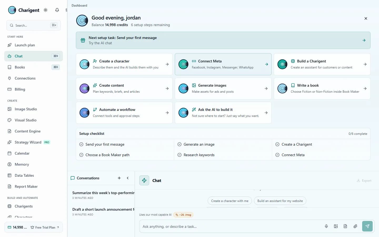 The Charigent workspace with shortcuts for AI Chat, Character and Agent creation, Content Engine, Image Studio, Book Maker, and Flow Builder.